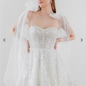 Watters Palmier Beaded Dress with Removable Tulle Bows